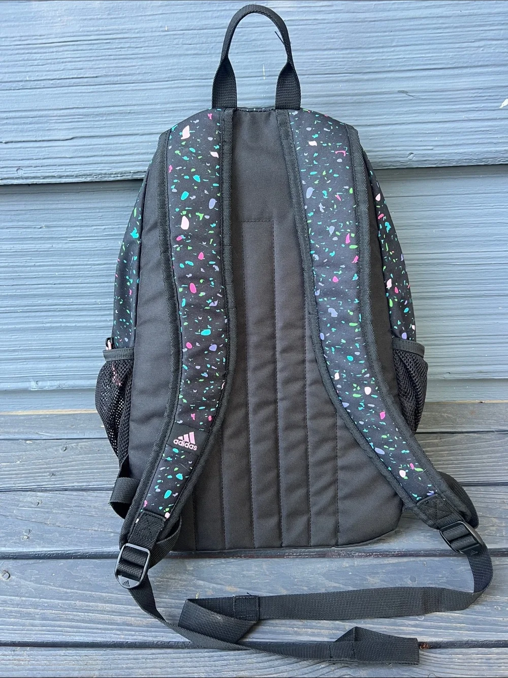 adidas Kids Black Backpack with Pink Stripes and Multicolor Confetti